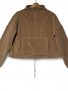 Qinsen Sweatshirt Womens Size S Brown Cropped Long Sleeve Half Zip Fleece